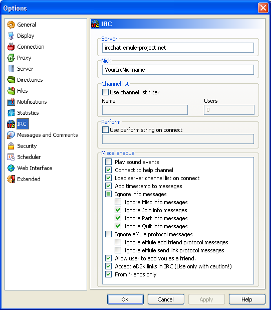 The IRC Options screen